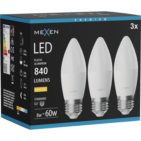Mexen Nova 3x LED lemputė E27, C37, 8W, Šilta - 3000K, 840 lm - L102-E27-0830-01x03