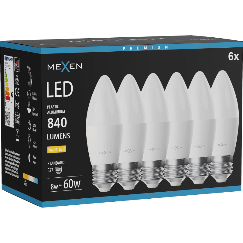 Mexen Nova 6x LED lemputė E27, C37, 8W, Šilta - 3000K, 840 lm - L102-E27-0830-01x06