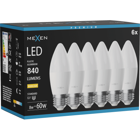 Mexen Nova 6x LED lemputė E27, C37, 8W, Šilta - 3000K, 840 lm - L102-E27-0830-01x06