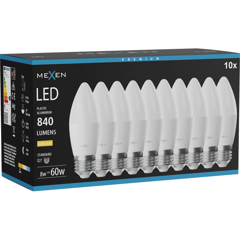 Mexen Nova 10x LED lemputė E27, C37, 8W, Šilta - 3000K, 840 lm - L102-E27-0830-01x10