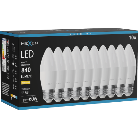 Mexen Nova 10x LED lemputė E27, C37, 8W, Šilta - 3000K, 840 lm - L102-E27-0830-01x10
