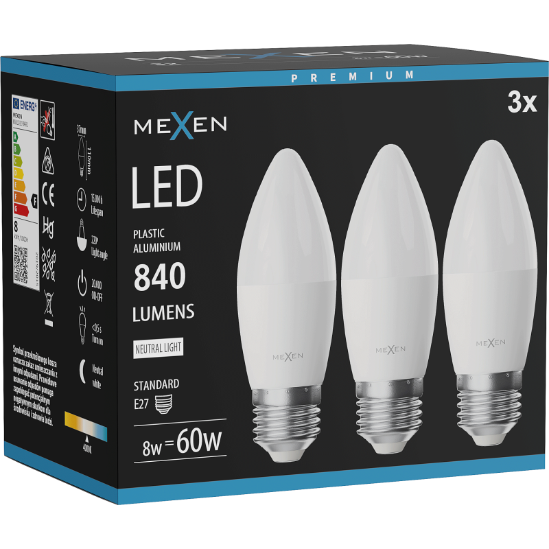 Mexen Nova 3x LED lemputė E27, C37, 8W, Neutrali - 4000K, 840 lm - L102-E27-0840-01x03