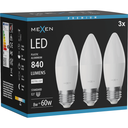 Mexen Nova 3x LED lemputė E27, C37, 8W, Neutrali - 4000K, 840 lm - L102-E27-0840-01x03