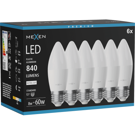 Mexen Nova 6x LED lemputė E27, C37, 8W, Neutrali - 4000K, 840 lm - L102-E27-0840-01x06