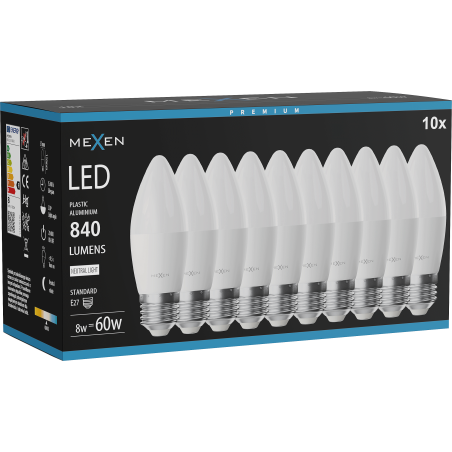 Mexen Nova 10x LED lemputė E27, C37, 8W, Neutralus - 4000K, 840 lm - L102-E27-0840-01x10