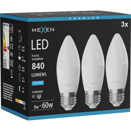 Mexen Nova 3x LED lemputė E27, C37, 8W, Šalta - 6500K, 840 lm - L102-E27-0865-01x03