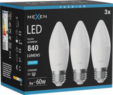 Mexen Nova 3x LED lemputė E27, C37, 8W, Šalta - 6500K, 840 lm - L102-E27-0865-01x03