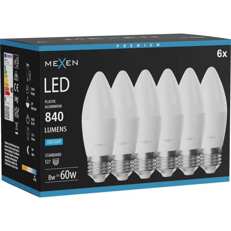 Mexen Nova 6x LED lemputė E27, C37, 8W, Šalta - 6500K, 840 lm - L102-E27-0865-01x06