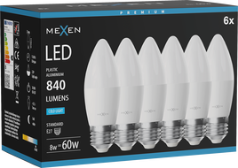 Mexen Nova 6x LED lemputė E27, C37, 8W, Šalta - 6500K, 840 lm - L102-E27-0865-01x06