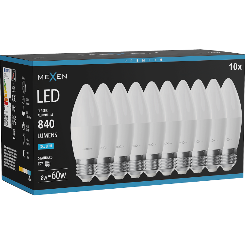 Mexen Nova 10x LED lemputė E27, C37, 8W, Šaltas - 6500K, 840 lm - L102-E27-0865-01x10