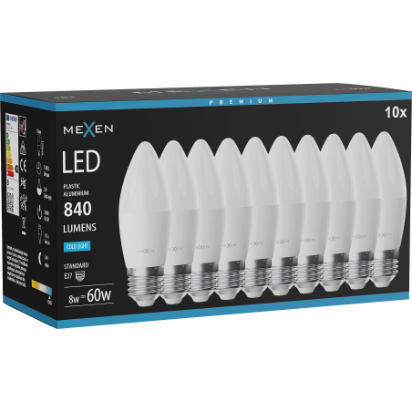 Mexen Nova 10x LED lemputė E27, C37, 8W, Šaltas - 6500K, 840 lm - L102-E27-0865-01x10