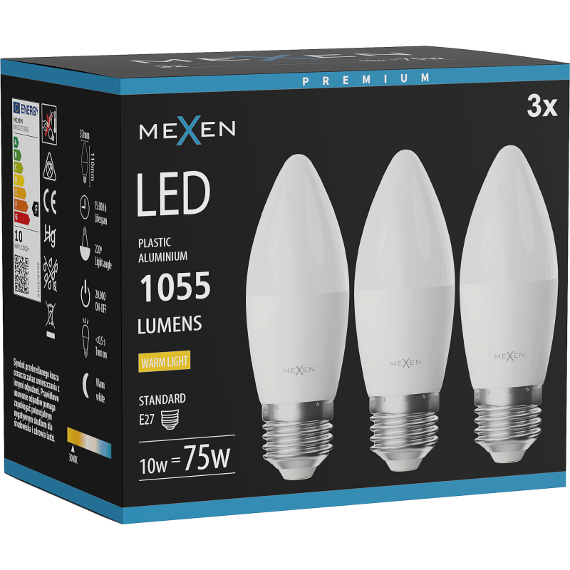 Mexen Nova 3x LED lemputė E27, C37, 10W, Šilta - 3000K, 1055 lm - L102-E27-1030-01x03