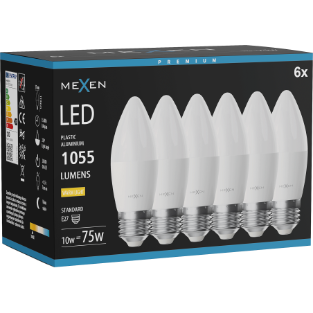 Mexen Nova 6x LED lemputė E27, C37, 10W, Šilta - 3000K, 1055 lm - L102-E27-1030-01x06