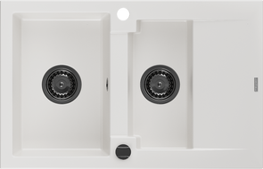 Mexen Gaspar granitinė dviejų kamerų 1,5 kriauklė su nutekėjimo vieta 737 x 475 mm, balta, juodas sifonas - 6507731505-20-B