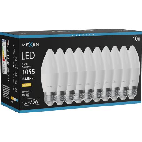 Mexen Nova 10x LED lemputė E27, C37, 10W, Šilta - 3000K, 1055 lm - L102-E27-1030-01x10