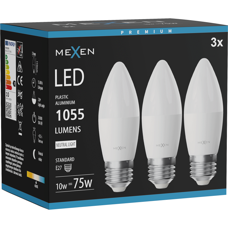 Mexen Nova 3x LED lemputė E27, C37, 10W, Neutrali - 4000K, 1055 lm - L102-E27-1040-01x03