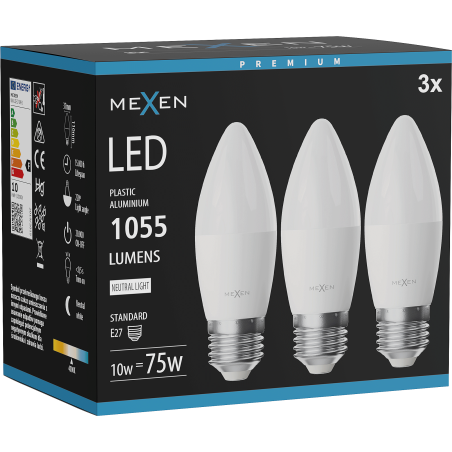 Mexen Nova 3x LED lemputė E27, C37, 10W, Neutrali - 4000K, 1055 lm - L102-E27-1040-01x03