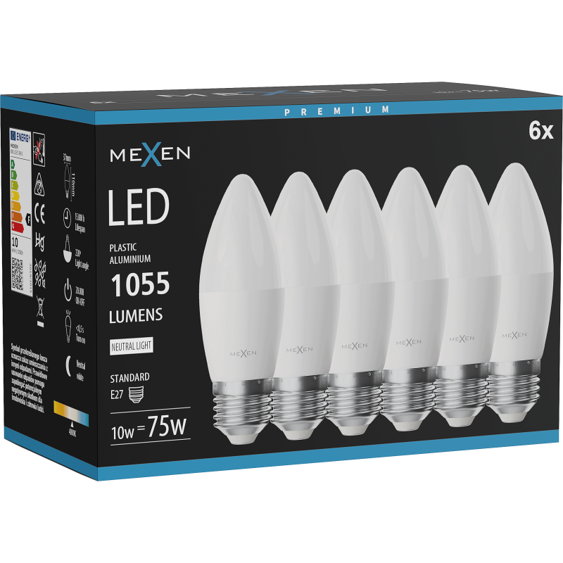 Mexen Nova 6x LED lemputė E27, C37, 10W, Neutralus - 4000K, 1055 lm - L102-E27-1040-01x06
