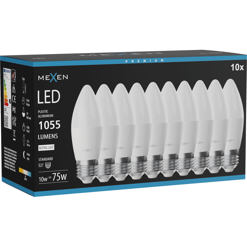 Mexen Nova 10x LED lemputė E27, C37, 10W, Neutralus - 4000K, 1055 lm - L102-E27-1040-01x10