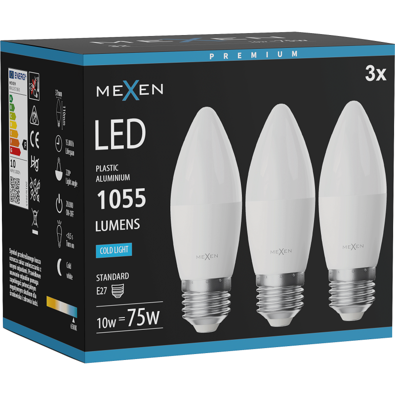 Mexen Nova 3x LED lemputė E27, C37, 10W, Šalta - 6500K, 1055 lm - L102-E27-1065-01x03
