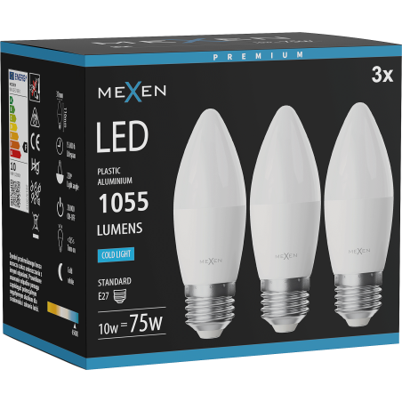 Mexen Nova 3x LED lemputė E27, C37, 10W, Šalta - 6500K, 1055 lm - L102-E27-1065-01x03