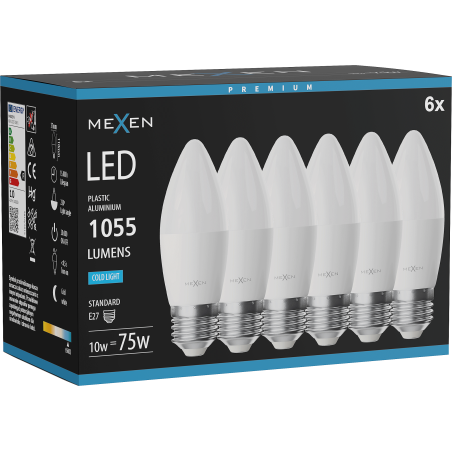 Mexen Nova 6x LED lemputė E27, C37, 10W, Šalta - 6500K, 1055 lm - L102-E27-1065-01x06