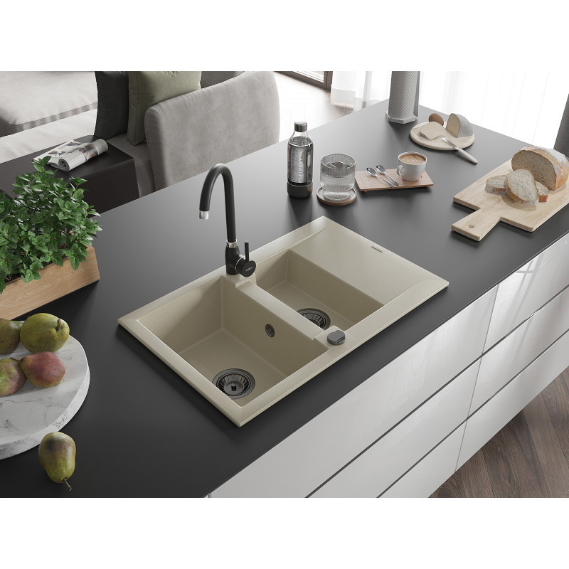 Mexen Gaspar 1,5-sekcijų granito kriauklė su nuotaku 737 x 475 mm, smėlio spalvos, juodas sifonas - 6507731505-69-B