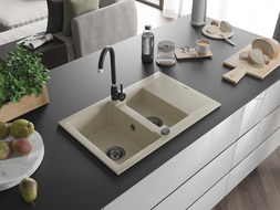 Mexen Gaspar pusantrinė granitinė plautuvė su džiovykle 737 x 475 mm, Smėlio spalvos, sifonas Juoda - 6507731505-69-B