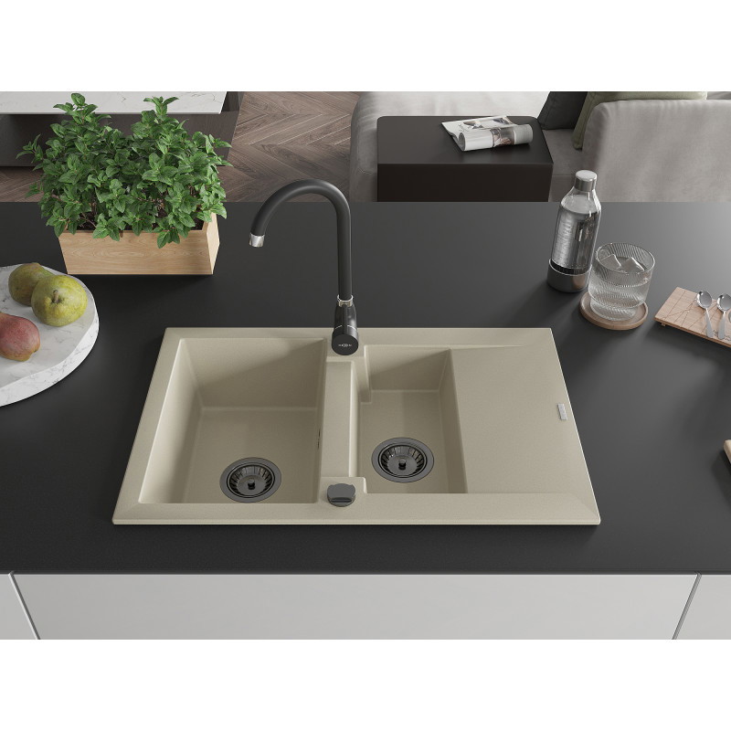 Mexen Gaspar 1,5-sekcijų granito kriauklė su nuotaku 737 x 475 mm, smėlio spalvos, juodas sifonas - 6507731505-69-B