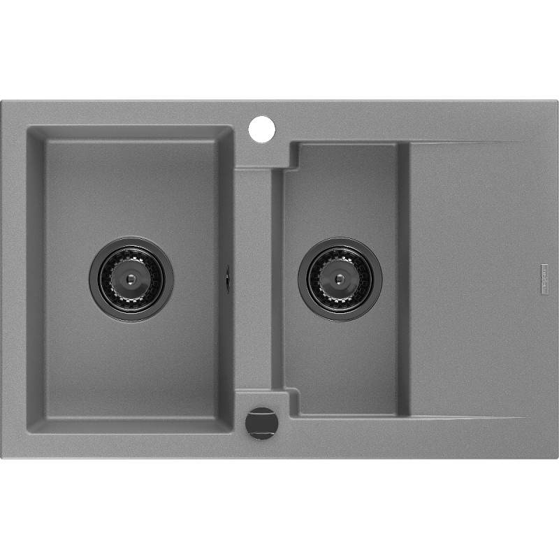 Mexen Gaspar 1,5 kamerų granitinė plautuvė su nutekamuoju paviršiumi 737 x 475 mm, pilka, juodas sifonas - 6507731505-71-B