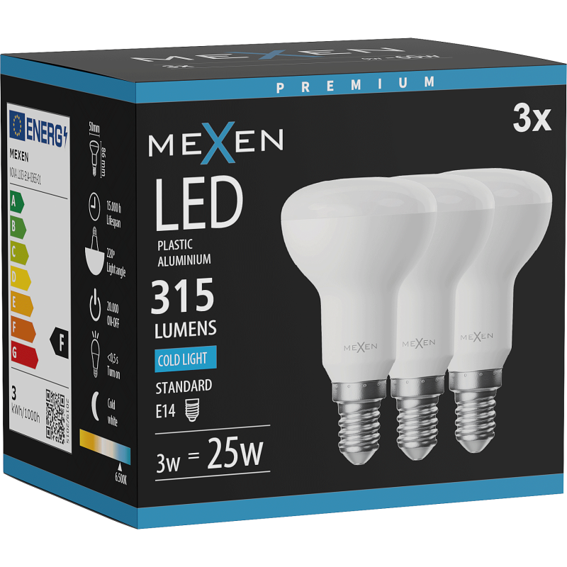 Mexen Nova 3x LED lemputė E14, R50, 3W, Šalta - 6500K, 315 lm - L103-E14-0365-01x03