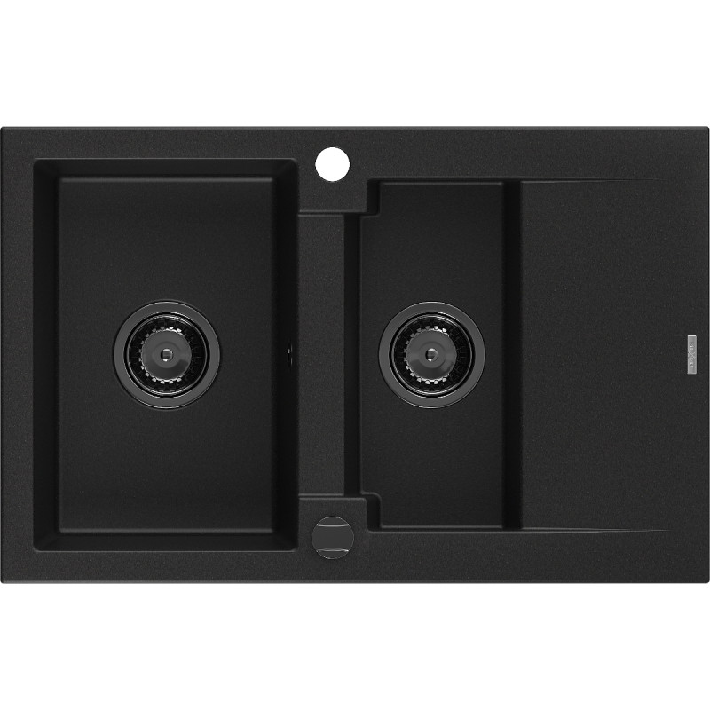 Mexen Gaspar granitinė plautuvė 1,5 skylių su lašintuvu 737 x 475 mm, juoda, juodas sifonas - 6507731505-77-B