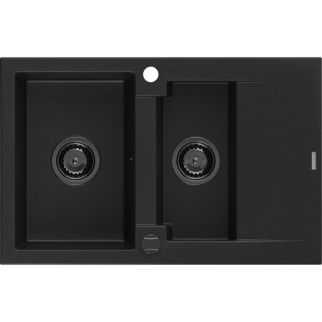 Mexen Gaspar granitinis plautuvė 1,5 skyriumi su nuvarvėjimo lentyna 737 x 475 mm, juoda, juodas sifonas - 6507731505-77-B