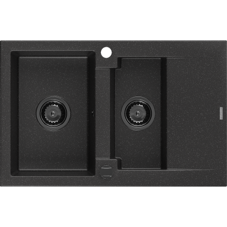 Mexen Gaspar 1,5 skylių granito kriauklė su nutekėjimu 737 x 475 mm juoda/sidabrinė metalika, juodas sifonas - 6507731505-73-B