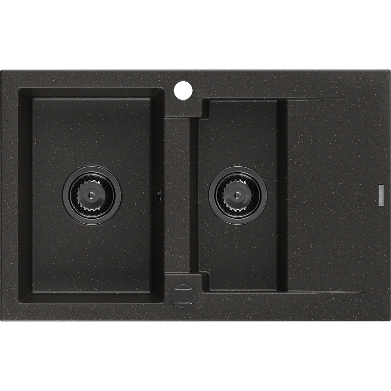 Mexen Gaspar granito plautuvė 1,5-skyrių su nutekamąja dalimi 737 x 475 mm, juoda/auksinė metalika, juodas sifonas