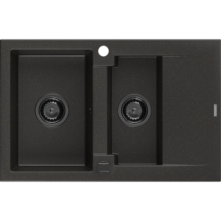 Mexen Gaspar granito plautuvė 1,5-skyrių su nutekamąja dalimi 737 x 475 mm, juoda/auksinė metalika, juodas sifonas