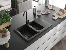 Mexen Gaspar pusantrinė granitinė plautuvė su džiovykle 737 x 475 mm, Juoda/Auksinė metallic, sifonas Juoda - 6507731505-75-B