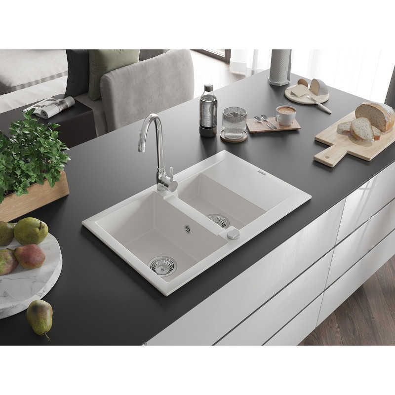 Mexen Gaspar Granitinė plautuvė 1,5 skylių su lašėjimo zona 737 x 475 mm, balta, sifonas chromas - 6507731505-20
