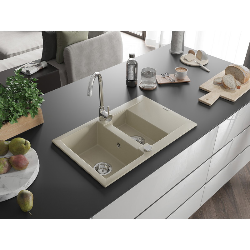 Mexen Gaspar granito kriauklė 1,5-degės su nusausinimo plotu 737 x 475 mm, smėlio spalvos, chromuotas sifonas - 6507731505-69