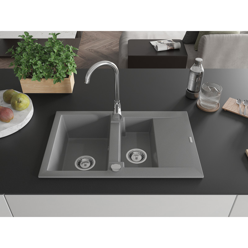 Mexen Gaspar 1,5 kamerų granitinė plautuvė su lašintuvu 737 x 475 mm, pilka, chromuota sifonas - 6507731505-71