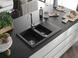 Mexen Gaspar pusantrinė granitinė plautuvė su trumpa džiovykle 737 x 475 mm, Juoda/Sidabrinis metallic - 6507731505-73