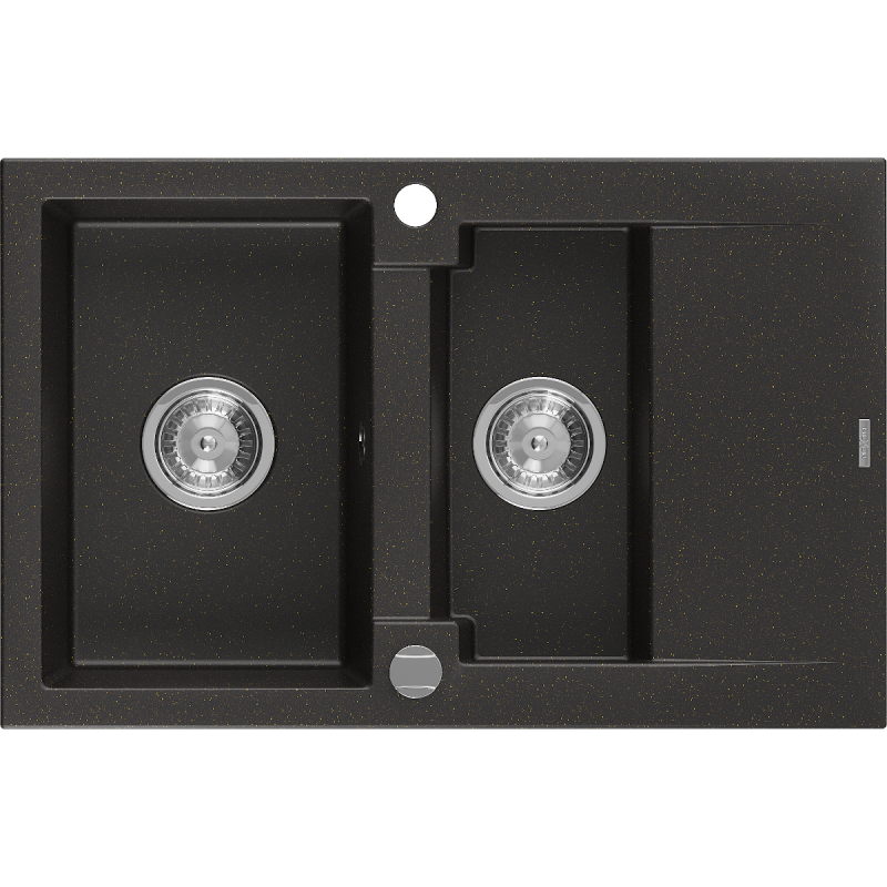 Mexen Gaspar granitinė plautuvė 1,5-skyrių su džiovinimo lentyna 737 x 475 mm, juoda/auksinis metalikas, chromuotas sifonas