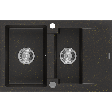 Mexen Gaspar granitinė plautuvė 1,5-skyrių su džiovinimo lentyna 737 x 475 mm, juoda/auksinis metalikas, chromuotas sifonas