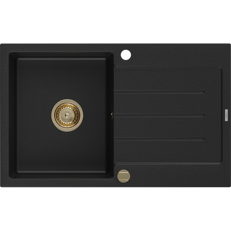 Mexen Bruno Vienos kameros granitinis plautuvas su nusausinimo skyriumi 795 x 495 mm, juodas, auksinis sifonas - 6513791010-77-G