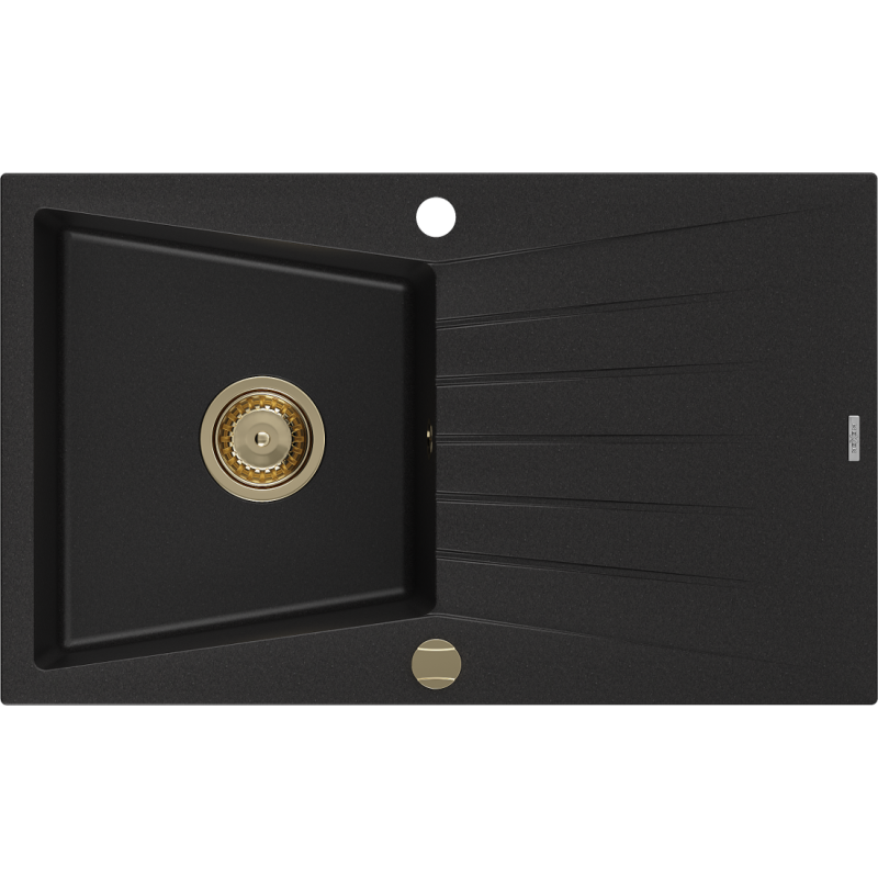 Mexen Cesar granito plautuvė su viena kamera ir nusausintuvu 775 x 470 mm, juoda, auksinis sifonas - 6514771010-77-G