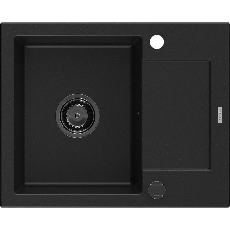 Mexen Enzo granitinė vienos kameros plautuvė su nuvarvėjimo vieta 576 x 465 mm, juoda, juodas sifonas - 6506571005-77-B