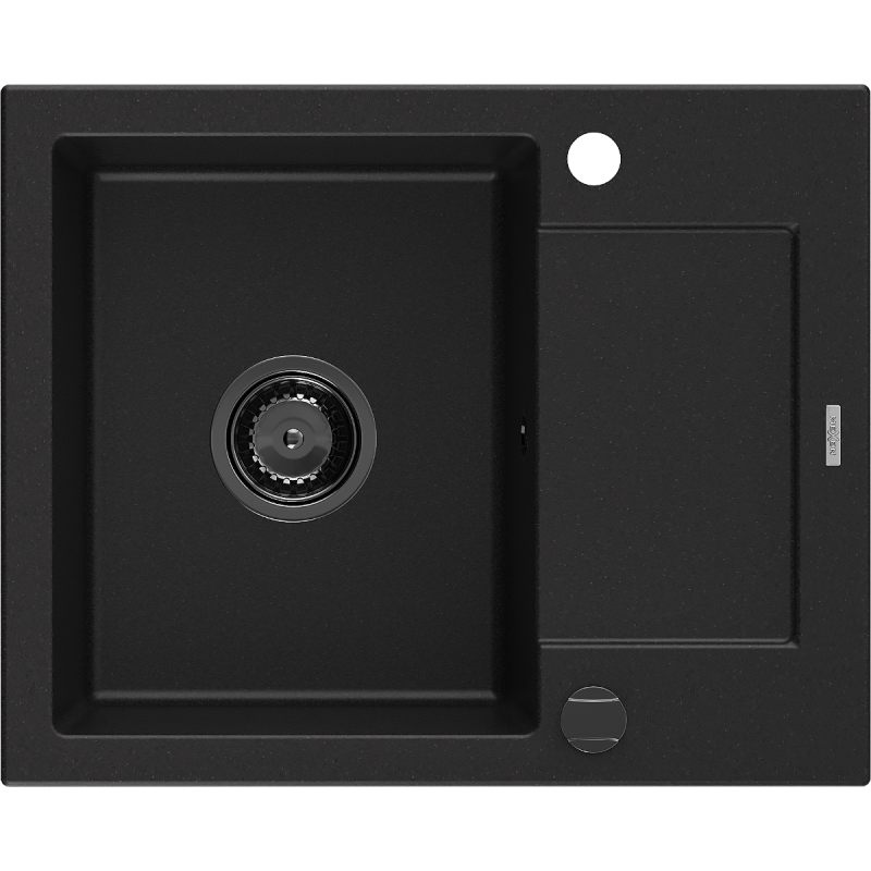 Mexen Enzo granito plautuvė 1 skyrius su lašintuvu 576 x 465 mm, juoda, sifonas juodas - 6506571005-77-B