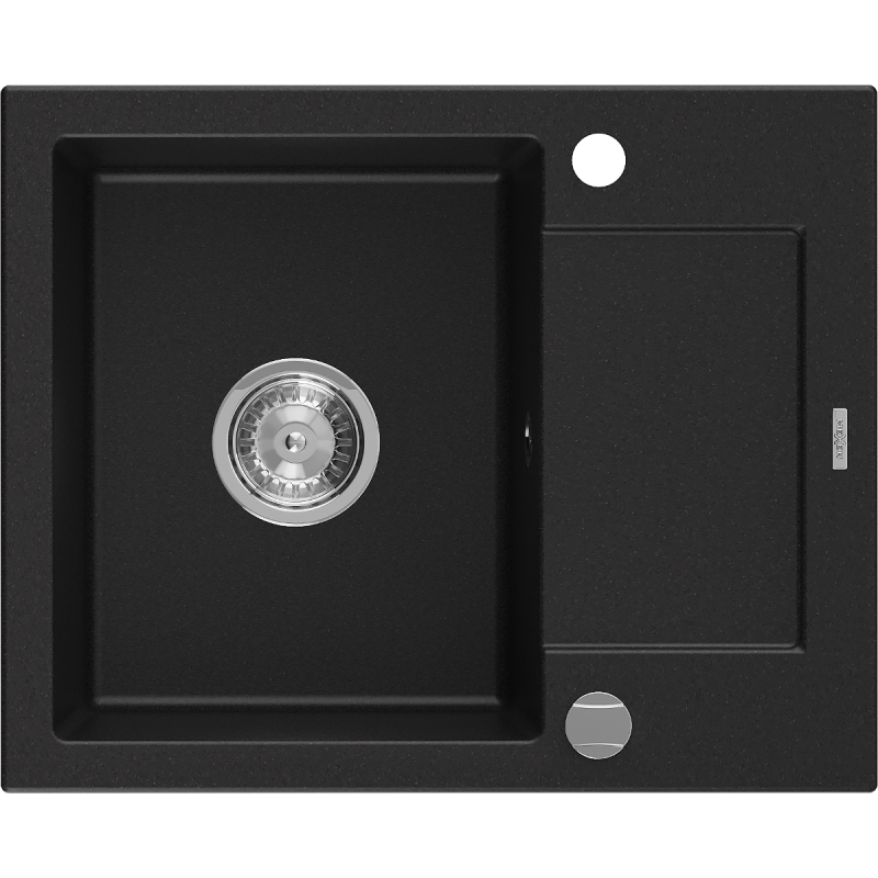 Mexen Enzo vienos kameros granito kriauklė su nusausinimo dalimi 576 x 465 mm, juoda, sifonas chromuotas - 6506571005-77