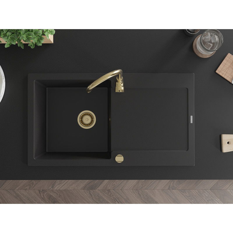 Mexen Leo granito plautuvė viena kamera su nusausinimu 900 x 500 mm, juoda, auksinis sifonas - 6501901010-77-G