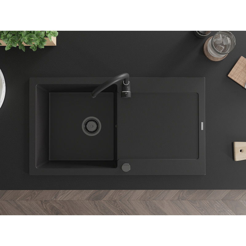 Mexen Leo granitinis vienos sekcijos kriauklė su nusausinimo lentyna 900 x 500 mm, juoda, juodas sifonas - 6501901010-77-B